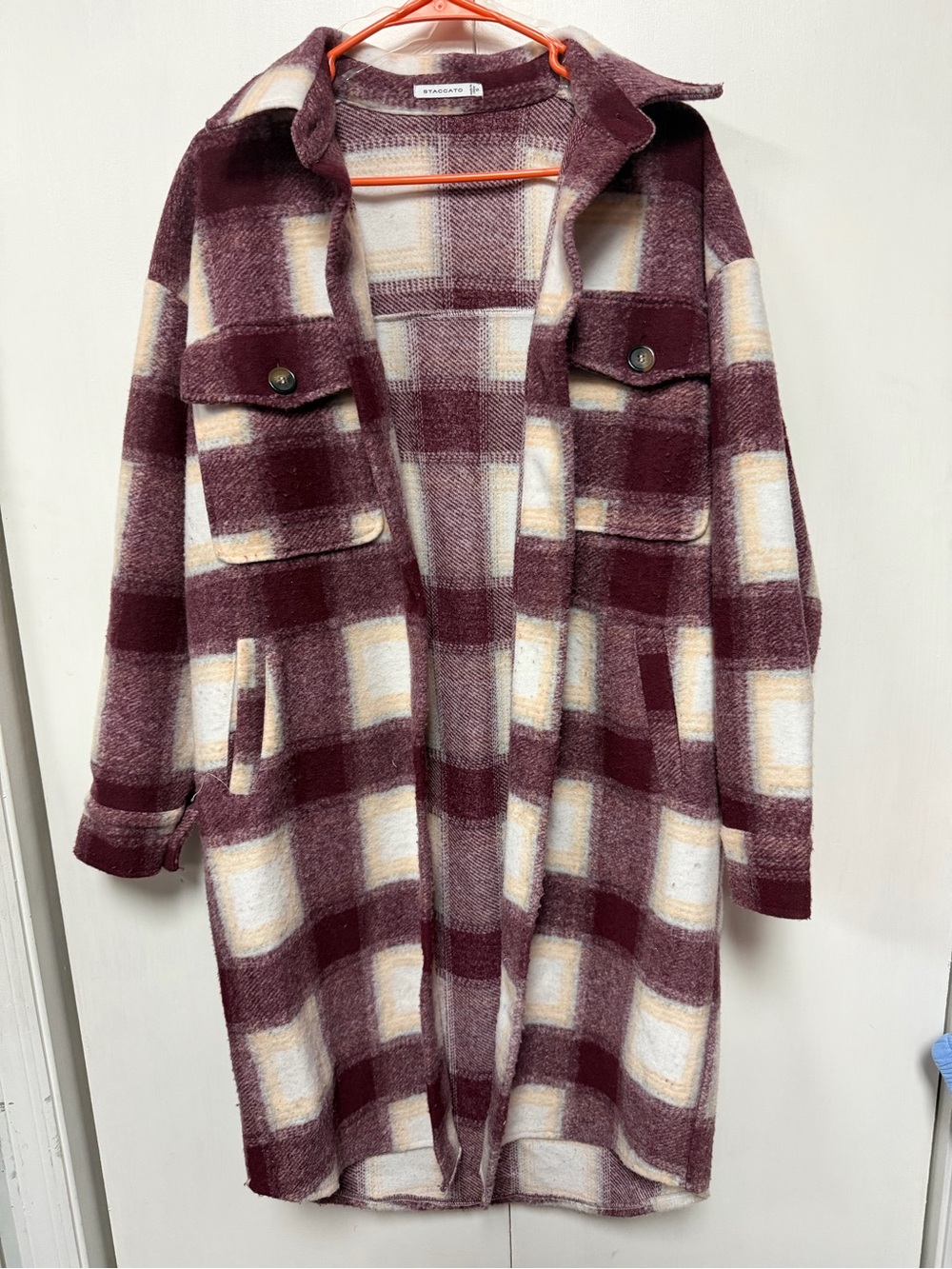 Staccato Burgundy Plaid Long Shacket Coat with Cream Accents